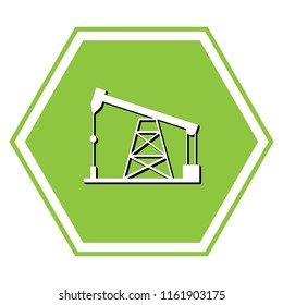 Oil drilling rig sign. Vector. White icon with black shadow at yellow green honeycomb on white background.