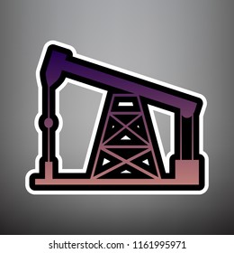 Oil drilling rig sign. Vector. Violet gradient icon with black and white linear edges at gray background.