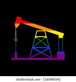 Oil drilling rig sign. Vector. Icon with colors of LGBT flag at black background.