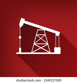 Oil drilling rig sign. Vector. White icon with limitless shadow at ruby red background.