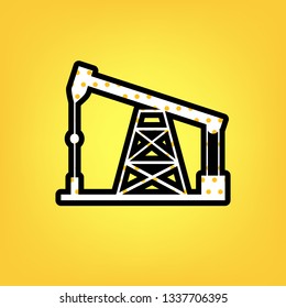 Oil drilling rig sign. Vector. Yellow polka dot white icon with black contour at warm yellow background.