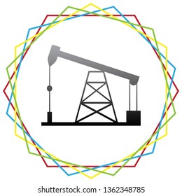 Oil drilling rig sign. Vector. Black icon with patch of light inside colorful hexagonal frames at white background.