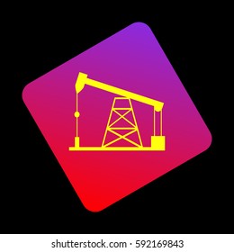 Oil drilling rig sign. Vector. Yellow icon at violet-red gradient square with rounded corners rotated for dynamics on black background.