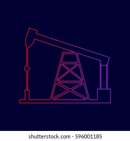 Oil drilling rig sign. Vector. Line icon with gradient from red to violet colors on dark blue background.