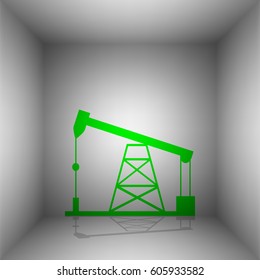 Oil drilling rig sign. Vector. Green icon with shadow in the room.