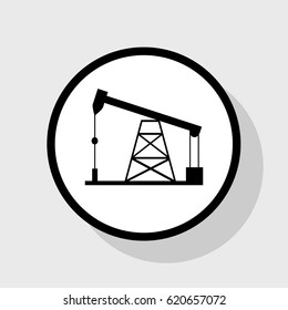 Oil drilling rig sign. Vector. Flat black icon in white circle with shadow at gray background.