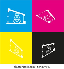 Oil drilling rig sign. Vector. White icon with isometric projections on cyan, magenta, yellow and black backgrounds.