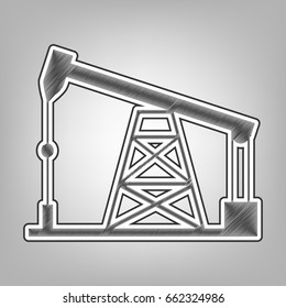 Oil drilling rig sign. Vector. Pencil sketch imitation. Dark gray scribble icon with dark gray outer contour at gray background.