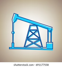 Oil drilling rig sign. Vector. Sky blue icon with defected blue contour on beige background.