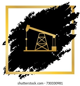 Oil drilling rig sign. Vector. Golden icon at black spot inside golden frame on white background.