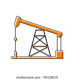 Oil drilling rig sign. Vector. Black line icon with shifted flat orange filled icon on white background. Isolated.