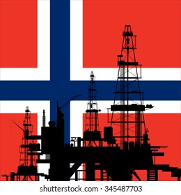 Oil Drilling Rig Silhouette At Norway Flag Background