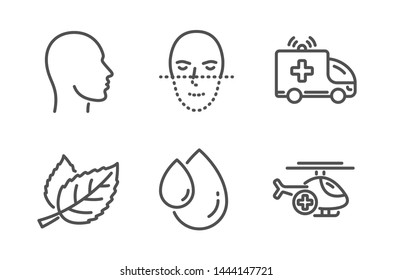 Oil drop, Ambulance car and Leaf icons simple set. Head, Face recognition and Medical helicopter signs. Serum, Emergency transport. Healthcare set. Line oil drop icon. Editable stroke. Vector