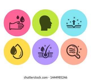 Oil Drop, Clean Skin And Head Icons Simple Set. Serum Oil, Rubber Gloves And Skin Condition Signs. Serum, Cosmetics. Medical Set. Flat Oil Drop Icon. Circle Button. Vector