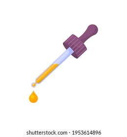 Oil drop with dropper, isolated on white. Colored pipette and drops. Concept aromatic cosmetic fragrances. Cartoon flat design. Vector illustration.