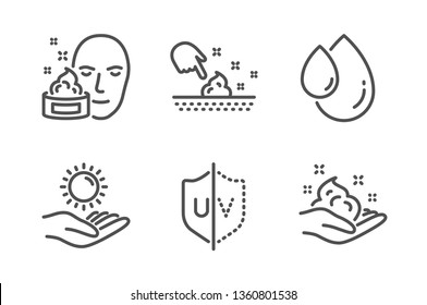 Oil Drop, Face Cream And Skin Moisture Icons Simple Set. Uv Protection, Sun Protection And Skin Care Signs. Serum, Gel. Beauty Set. Line Oil Drop Icon. Editable Stroke. Vector