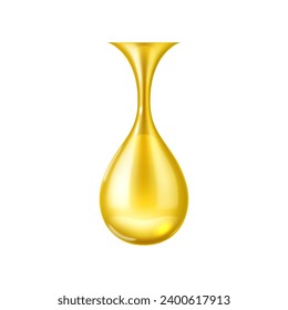 Oil drop falling, realistic drip of honey or golden essence, isolated vector. Olive oil drop with light shine reflection of golden liquid, essential oil drip fall for cosmetic serum package