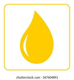 Oil drop flat icon. Droplet liquid honey, lemon juice. Yellow sign isolated on black background. Golden graphic design element. Symbol olive, honey, juice, fuel. Ecological natural Vector illustration