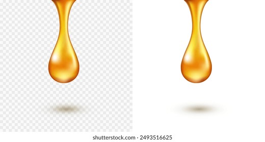 Oil drop or gold honey drip isolated on transparent background. Orange caramel, confectionery syrup, sauce droplet. Vector melted bee nectar template
