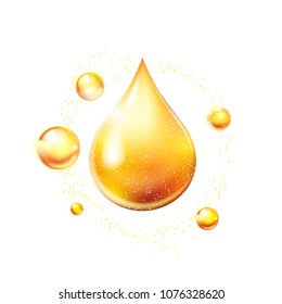 Oil drop gold shining icon. Vitamin. Shining golden substance drop. Vector illustration.