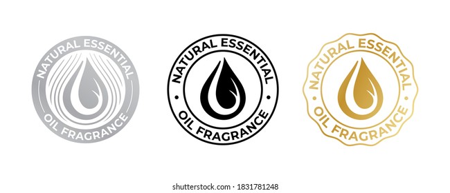 Oil drop icon for natural essential fragrance, vector cosmetic and beauty skincare quality sticker. Essential oil enriched and contains natural fragrance sign tag with oil droplet