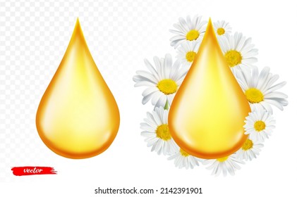 Oil drop isolated on transparent background. Realistic vector illustration of chamomile oil drop.