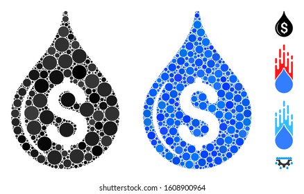 Oil drop price composition of round dots in various sizes and shades, based on oil drop price icon. Vector round dots are combined into blue illustration.