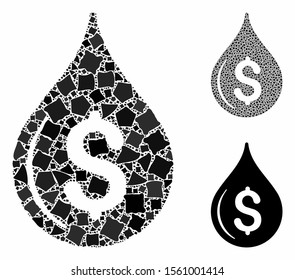 Oil drop price mosaic of bumpy parts in variable sizes and color tints, based on oil drop price icon. Vector bumpy elements are grouped into collage. Oil drop price icons collage with dotted pattern.