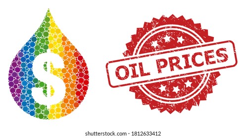 Oil drop price mosaic icon of round elements in variable sizes and LGBT bright color tinges, and Oil Prices grunge rosette stamp seal. A dotted LGBT-colored Oil drop price for lesbians, gays,