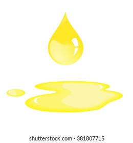 Oil drop and puddle. Sunflower oil drop. Isolated yellow oil drop. Oil drop and spill in vector. Shiny liquid.