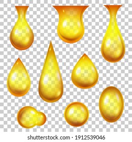 Oil drop. Realistic honey drops and golden bubbles. 3d dripping yellow droplets for cosmetic or petrol products. Falling liquid vector set. Machine oil, gasoline or essence for skincare