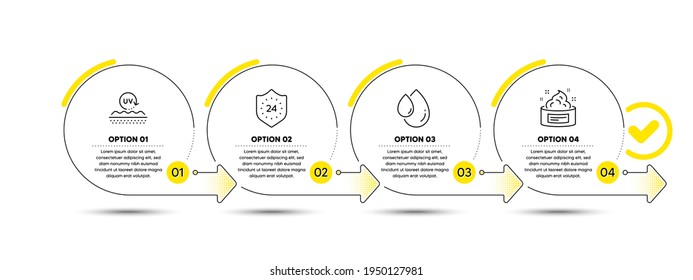 Oil drop, Uv protection and 24 hours line icons set. Timeline process infograph. Skin cream sign. Serum, Skin cream, Protection. Medical cosmetic. Beauty set. Infographics timeline banner. Vector