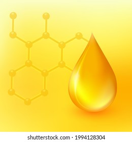 Ilustración vectorial de caída de aceite. Símbolo realista 3d líquido de gota y molécula de adn aislado en el fondo amarillo. Esencia de colágeno dorado. Concepto industrial y petrolero. Icono Omega 3. EPS10