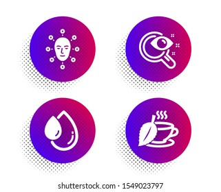 Oil drop, Vision test and Face biometrics icons simple set. Halftone dots button. Mint tea sign. Serum, Eyesight check, Facial recognition. Mentha beverage. Medical set. Vector