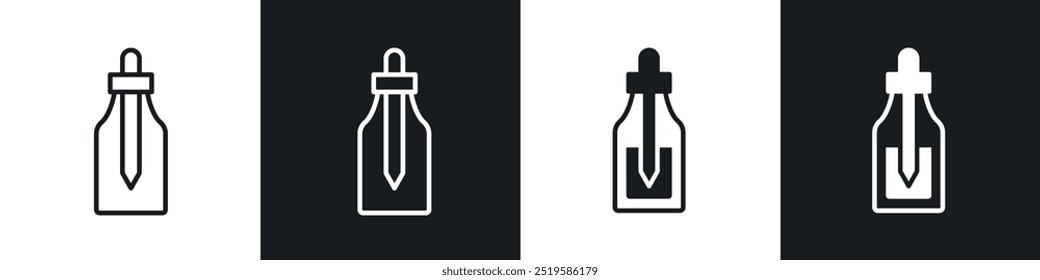 Oil dropper bottle icon collection in black and white filled and stroke line style.