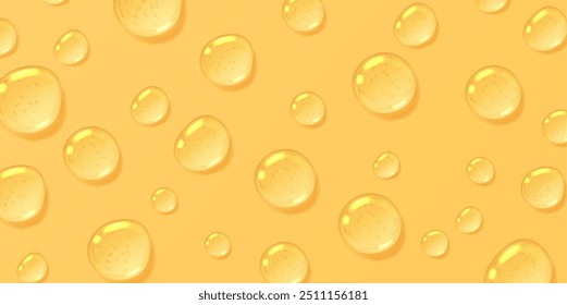 Oil drops background, yellow serum with bubbles, transparent honey droplets top view, realistic glossy liquid, moisturizing cosmetic product, hyaluronic acid concept. Vector illustration.