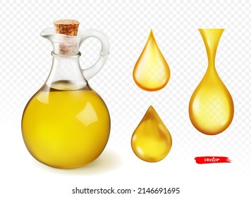 Oil drops and oil bottle isolated on transparent background. Realistic vector illustration of honey drop.