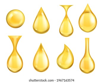 Oil drops realistic. Honey drop falling, gasoline yellow golden droplet collection. Gold capsule of liquid vitamin, dripping machine oil or lotion. Vector set isolated on white background