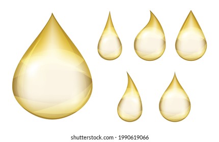 Oil drops. Realistic orange drop, isolated falling liquid elements. Golden honey droplet, gold water tears, petrol drip vector collection