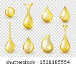 Oil drops realistic vector isolated illustrations collection. Golden liquid essence droplets 3d rendering cliparts on transparent background. Yellow lubricant, honey drip design elements bundle