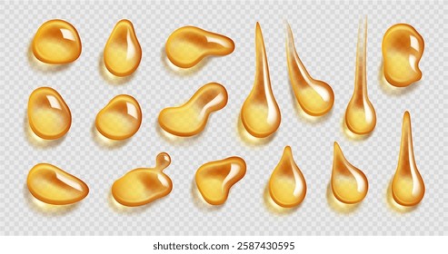 Oil drops set, isolated gold spheres of hydrophobic substance. Vector gasoline droplet. Realistic mockup of liquid drips of cosmetic or food, clear golden bubbles. Capsule of vitamin or lotion