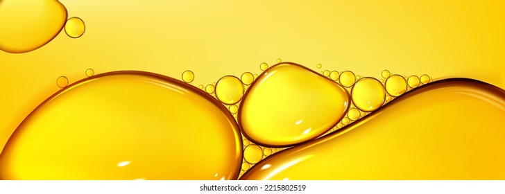 Oil drops texture, omega bubbles, gold liquid skincare, essential droplets. Background with transparent yellow dribs of different shapes. Realistic 3d vector honey, syrup or juice blobs top view