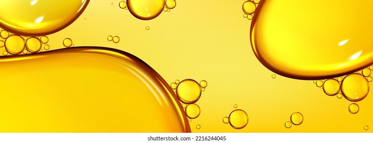 Oil drops texture, omega bubbles, gold liquid skincare, essential droplets. Background with transparent yellow dribs of different shapes. Realistic 3d vector honey, syrup or juice blobs top view