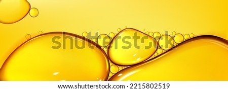 Oil drops texture, omega bubbles, gold liquid skincare, essential droplets. Background with transparent yellow dribs of different shapes. Realistic 3d vector honey, syrup or juice blobs top view