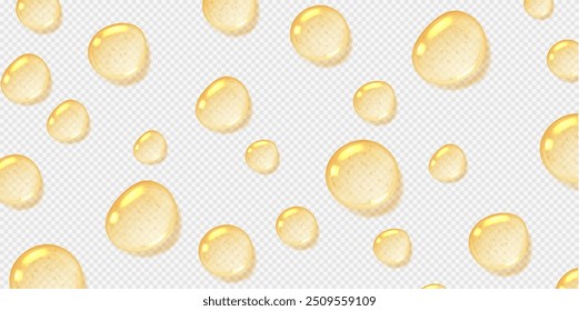 Oil drops, yellow serum with bubbles, transparent honey droplets top view, realistic glossy liquid, moisturizing cosmetic product, hyaluronic acid concept. Vector illustration.