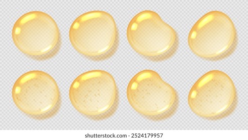 Gotas de aceite, suero amarillo con burbujas, gotitas de miel transparente vista superior, líquido brillante realista, producto cosmético hidratante, concepto de ácido hialurónico. Ilustración vectorial.