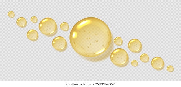 Oil drops, yellow serum with bubbles, transparent honey droplets top view, realistic glossy liquid, moisturizing cosmetic product, hyaluronic acid concept. Vector illustration.