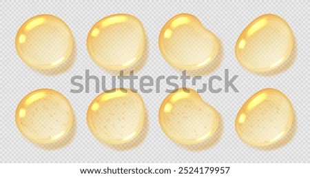 Oil drops, yellow serum with bubbles, transparent honey droplets top view, realistic glossy liquid, moisturizing cosmetic product, hyaluronic acid concept. Vector illustration.
