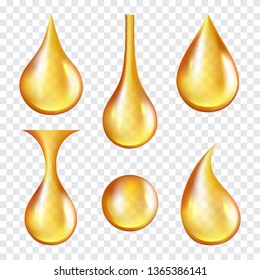 Oil Drops. Yellow Transparent Splashes Of Machine Or Cosmetic Golden Oil Vector Realistic Template. Illustration Of Liquid Oil, Drop And Splash