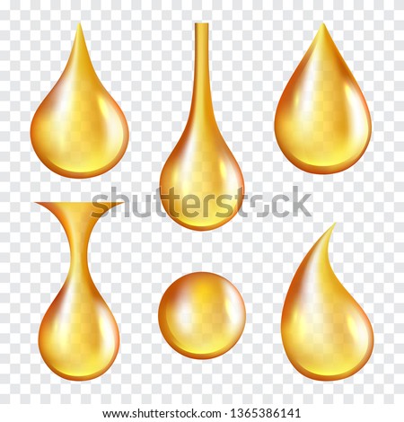 Oil drops. Yellow transparent splashes of machine or cosmetic golden oil vector realistic template. Illustration of liquid oil, drop and splash